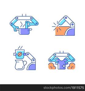 Automated mechanical devices RGB color icons set. Robotic kitchen. Welding robotics. Coffee making robot. Laundry-folding machine. Isolated vector illustrations. Simple filled line drawings collection. Automated mechanical devices RGB color icons set