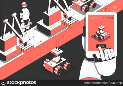 Automated robotic industrial manufacturing assembly line with humanoid worker and remote control robot isometric composition vector illustration