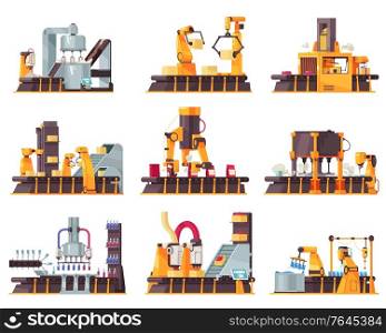 Automated robotic packing conveyor belt isolated icon set with machines in warehouse vector illustration