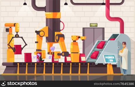 Automated robotic packing conveyor composition with indoor view of industrial production facility and line of manipulators vector illustration