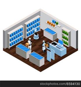 Automated shop isometric composition with robots, goods on shelves, self checkout, security system vector illustration . Automated Shop Isometric Composition