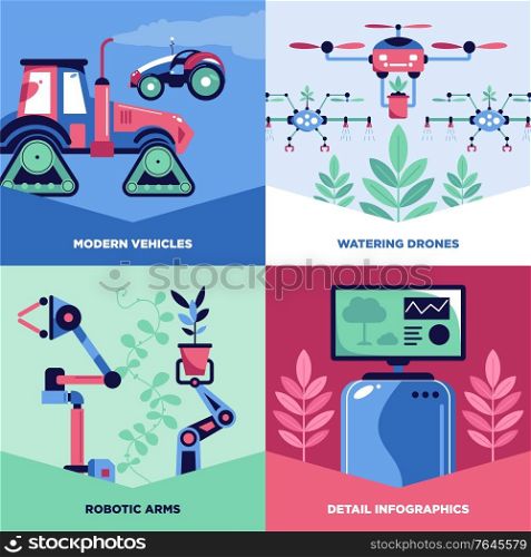 Automated smart garden design concept with set of square banners with text captions and tech images vector illustration