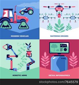 Automated smart garden design concept with set of square banners with text captions and tech images vector illustration