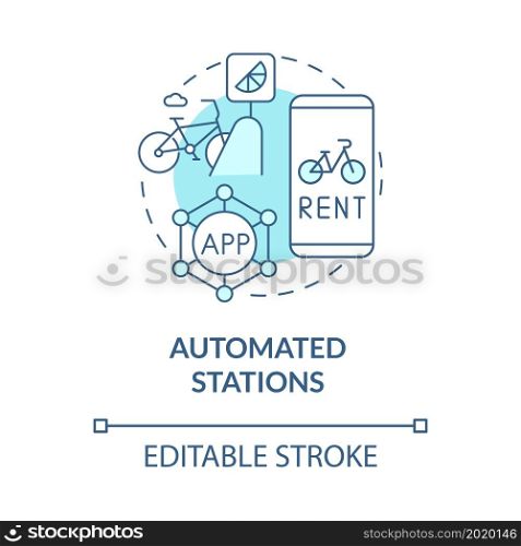 Automated stations blue concept icon. Bicycle sharing category abstract idea thin line illustration. Using smartphone app. Third generation. Vector isolated outline color drawing. Editable stroke. Automated stations blue concept icon
