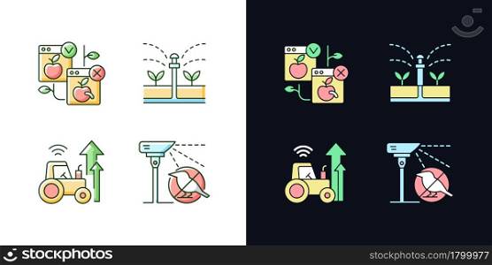 Automated systems in agriculture light and dark theme RGB color icons set. Agricultural modernization. Isolated vector illustrations on white and black space. Simple filled line drawings pack. Automated systems in agriculture light and dark theme RGB color icons set