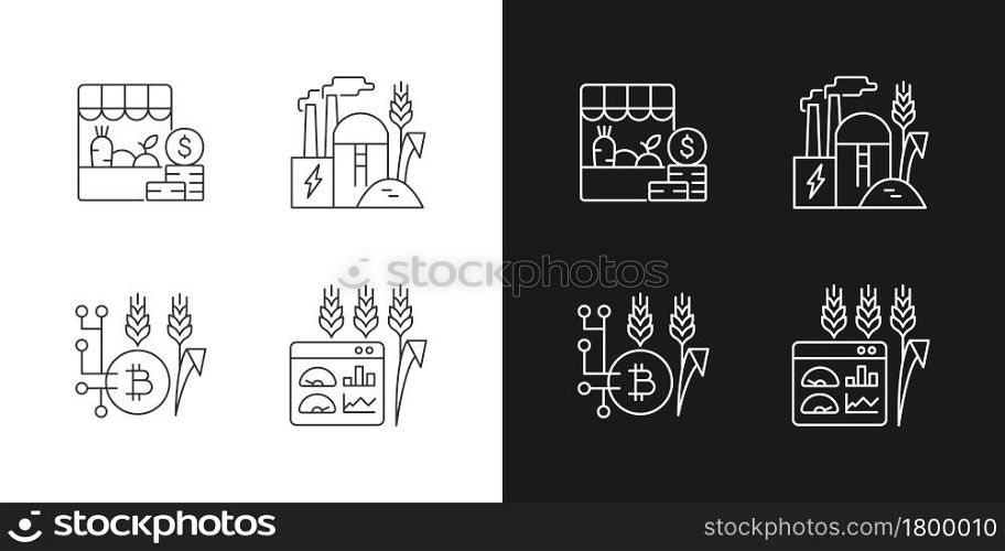 Automated systems in agriculture linear icons set for dark and light mode. Irrigation system. Customizable thin line symbols. Isolated vector outline illustrations. Editable stroke. Automated systems in agriculture linear icons set for dark and light mode