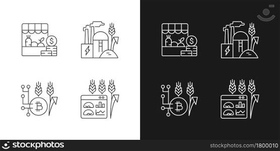 Automated systems in agriculture linear icons set for dark and light mode. Irrigation system. Customizable thin line symbols. Isolated vector outline illustrations. Editable stroke. Automated systems in agriculture linear icons set for dark and light mode