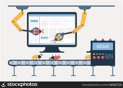 Automated testing, automotive executed test, software auto tester concept. Debugging, quality assurance. Computer, conveyor for bugs, robot arms and defect tracking system. Vector illustration in flat style. Automated testing, automotive executed test, software auto tester concept. Vector illustration