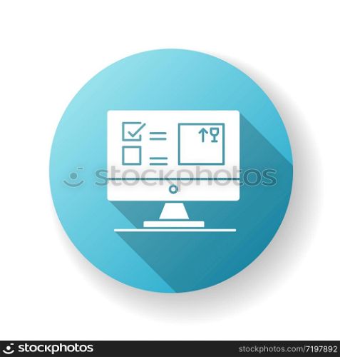 Automated tracking system blue flat design long shadow glyph icon. Inventory management software, program, dashboard. Merchandise availability control app. Silhouette RGB color illustration