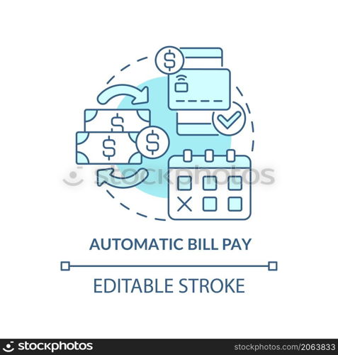Automatic bill pay blue concept icon. Automated banking systems abstract idea thin line illustration. Isolated outline drawing. Editable stroke. Roboto-Medium, Myriad Pro-Bold fonts used. Automatic bill pay blue concept icon
