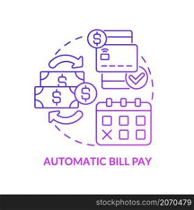 Automatic bill pay purple gradient concept icon. Automated banking systems abstract idea thin line illustration. Isolated outline drawing. Editable stroke. Roboto-Medium, Myriad Pro-Bold fonts used. Automatic bill pay purple gradient concept icon