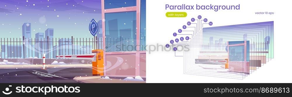 Automatic car barrier to security parking with snow and wind. Vector parallax background for 2d animation with cartoon illustration of automobile park entry with closed gate, checkpoint in winter. Parallax background with automatic car barrier