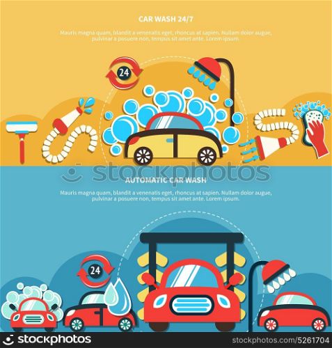 Automatic Car Wash Banners. Set of two horizontal car wash banners with doodle style images of washing cars water drops vector illustration