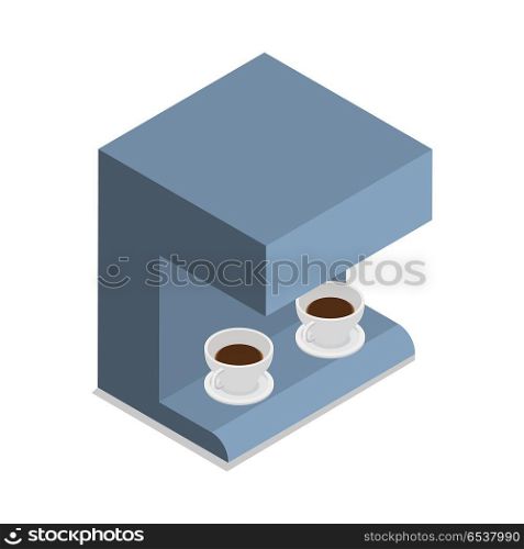 Automatic Coffee Machine with Two Cups of Coffee. Automatic coffee machine with two cups of coffee isolated on white. Device for preparing hot drinks. Business office interior design. Restaurant equipment. Auto beverage maker. Vector illustration