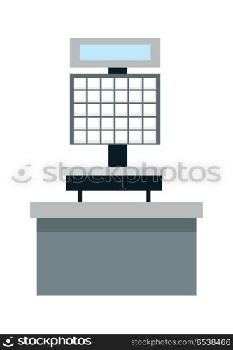 Automatic electronic check printing scales vector illustration. Flat design. Supermarket, grocery shop furniture and equipment. Self-service devices for weighing and shopping. Isolated on white. . Automatic Electronic Check Printing Scales Vector. Automatic Electronic Check Printing Scales Vector
