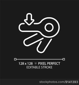 Automatic flush lever pixel perfect white linear icon for dark theme. Toilet bowl detail. Mechanism of restroom equipment. Thin line illustration. Isolated symbol for night mode. Editable stroke. Automatic flush lever pixel perfect white linear icon for dark theme
