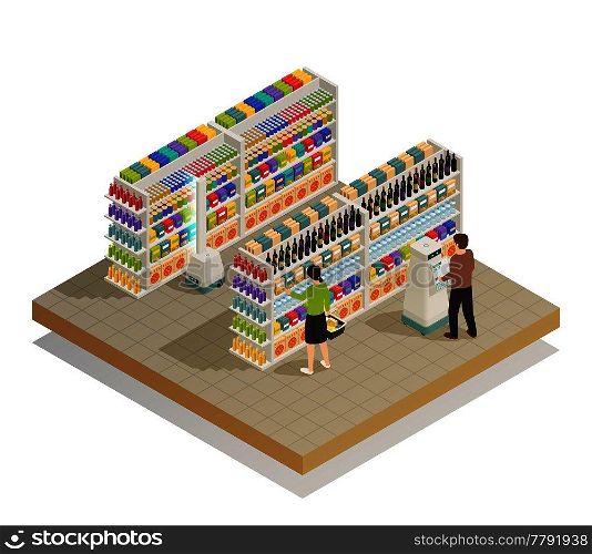 Automatic grocery shopping system with smart basket and self-service robotic assistance technology isometric composition vector illustration . Supermarket Automated Technologies Isometric Composition 