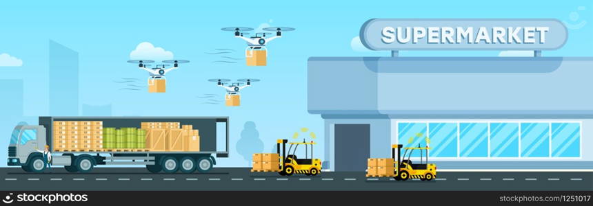 Automatic Loader, Flying Drone, Delivery Truck. Supermarket Distribution. Air Device, Forklift Car and Big Van Delivering Goods, Tank and Box to City Mall. Flat Cartoon Vector Illustration. Automatic Loader, Flying Drone, Delivery Truck