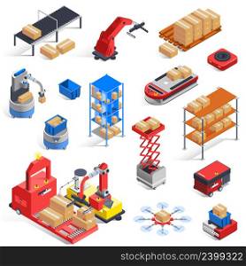Automatic logistics warehouse robots isolated isometric icons set with material handling conveyor lifters drones shelves manipulators vector illustration. Warehouse Robots Icon Set