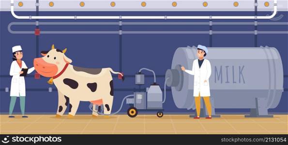 Automatic milking. Machine milking process, cow with special device, nutritious products, food industry, farmers control, farm animal in factory, vector cartoon flat style isolated dairy concept. Automatic milking. Machine milking process, cow with special device, nutritious products, food industry, farmers control, farm animal in factory, vector cartoon flat isolated dairy concept