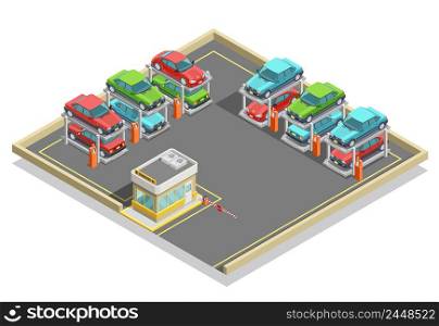 Automatic parking isometric concept with colorful cars positioning in two lines and stages vector illustration. Automatic Parking Isometric Concept