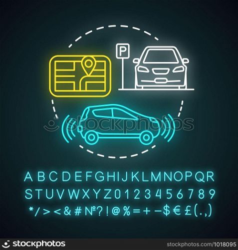 Automatic parking neon light concept icon. Driverless car navigation. Car-maneuvering system. Self-driving feature idea. Glowing sign with alphabet, numbers and symbols. Vector isolated illustration