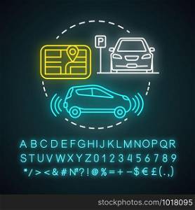 Automatic parking neon light concept icon. Driverless car navigation. Car-maneuvering system. Self-driving feature idea. Glowing sign with alphabet, numbers and symbols. Vector isolated illustration