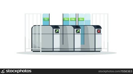 Automatic turnstile semi flat RGB color vector illustration. Entrance security system. Subway, train station entry and exit. Contactless payment. Isolated cartoon object on white background. Automatic turnstile semi flat RGB color vector illustration