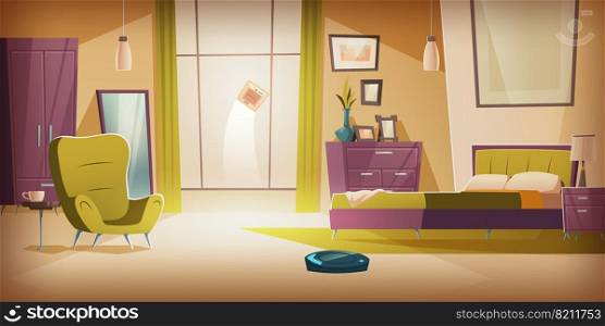 Automatic wireless vacuum and window cleaners working in bedroom with bed and furniture. Empty apartment interior with household technologies of future, home innovation Cartoon vector illustration. Automatic wireless vacuum and window cleaners
