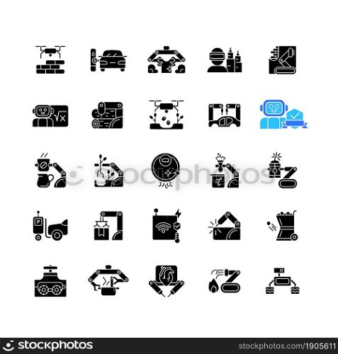 Automation black glyph icons set on white space. Advanced manufacturing. Improve everyday life. Using robotic hands. Equipment to automate systems. Silhouette symbols. Vector isolated illustration. Automation black glyph icons set on white space