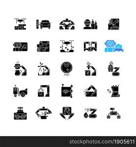 Automation black glyph icons set on white space. Advanced manufacturing. Improve everyday life. Using robotic hands. Equipment to automate systems. Silhouette symbols. Vector isolated illustration. Automation black glyph icons set on white space