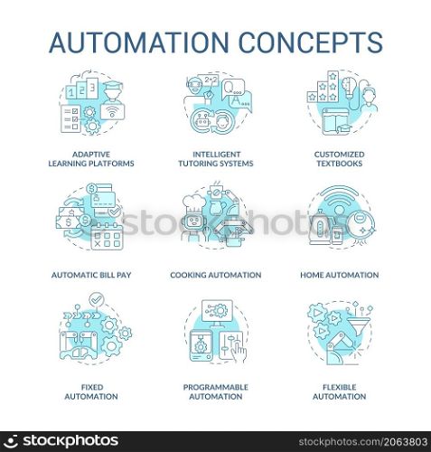 Automation blue concept icons set. Household and industrial automated devices idea thin line color illustrations. Isolated outline drawings. Editable stroke. Roboto-Medium, Myriad Pro-Bold fonts used. Automation blue concept icons set