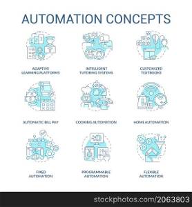 Automation blue concept icons set. Household and industrial automated devices idea thin line color illustrations. Isolated outline drawings. Editable stroke. Roboto-Medium, Myriad Pro-Bold fonts used. Automation blue concept icons set