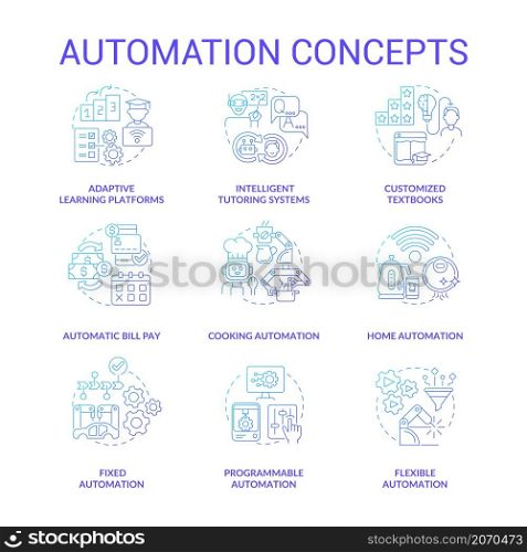 Automation blue gradient concept icons set. Household automated devices idea thin line color illustrations. Isolated outline drawings. Editable stroke. Roboto-Medium, Myriad Pro-Bold fonts used. Automation blue gradient concept icons set