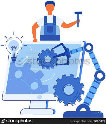 Automation business process with specialist engineer. Company strategy. Work organization. Project management, software development. Automated system concept with computer that builds robot arms. Automation business process with specialist engineer. Company strategy creating. Work organization