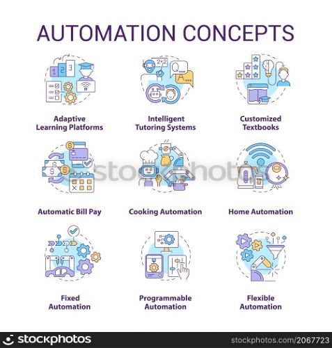 Automation concept icons set. Household and industrial automated devices idea thin line color illustrations. Isolated outline drawings. Editable stroke. Roboto-Medium, Myriad Pro-Bold fonts used. Automation concept icons set