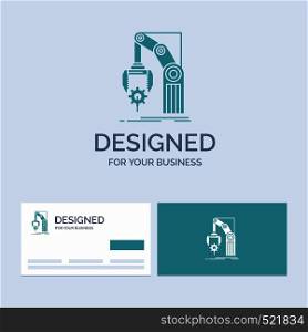 Automation, factory, hand, mechanism, package Business Logo Glyph Icon Symbol for your business. Turquoise Business Cards with Brand logo template.. Vector EPS10 Abstract Template background