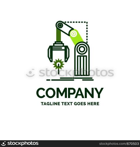 Automation, factory, hand, mechanism, package Flat Business Logo template. Creative Green Brand Name Design.