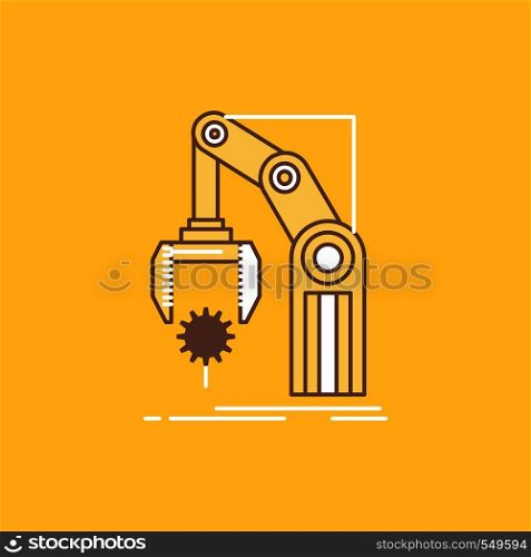 Automation, factory, hand, mechanism, package Flat Line Filled Icon. Beautiful Logo button over yellow background for UI and UX, website or mobile application. Vector EPS10 Abstract Template background