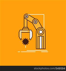 Automation, factory, hand, mechanism, package Flat Line Filled Icon. Beautiful Logo button over yellow background for UI and UX, website or mobile application. Vector EPS10 Abstract Template background
