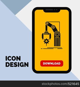 Automation, factory, hand, mechanism, package Glyph Icon in Mobile for Download Page. Yellow Background. Vector EPS10 Abstract Template background