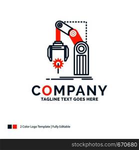 Automation, factory, hand, mechanism, package Logo Design. Blue and Orange Brand Name Design. Place for Tagline. Business Logo template.