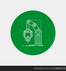 Automation, factory, hand, mechanism, package White Line Icon in Circle background. vector icon illustration. Vector EPS10 Abstract Template background