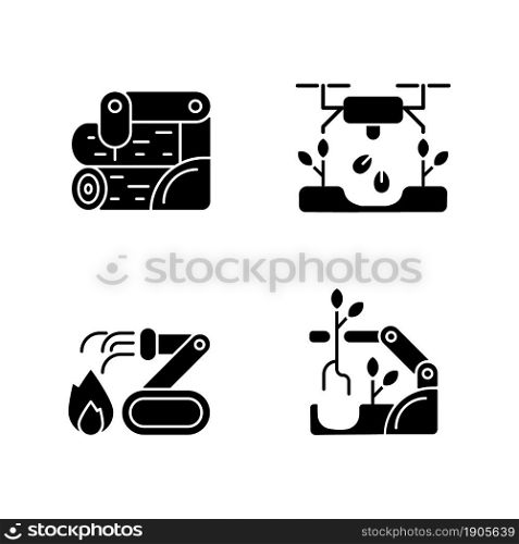 Automation for wellbeing black glyph icons set on white space. Wood processing. Drones for planting. Firefighter robot. Automated harvesting. Silhouette symbols. Vector isolated illustration. Automation for wellbeing black glyph icons set on white space