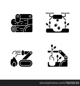 Automation for wellbeing black glyph icons set on white space. Wood processing. Drones for planting. Firefighter robot. Automated harvesting. Silhouette symbols. Vector isolated illustration. Automation for wellbeing black glyph icons set on white space