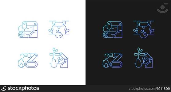 Automation for wellbeing gradient icons set for dark and light mode. Wood processing. Thin line contour symbols bundle. Isolated vector outline illustrations collection on black and white. Automation for wellbeing gradient icons set for dark and light mode