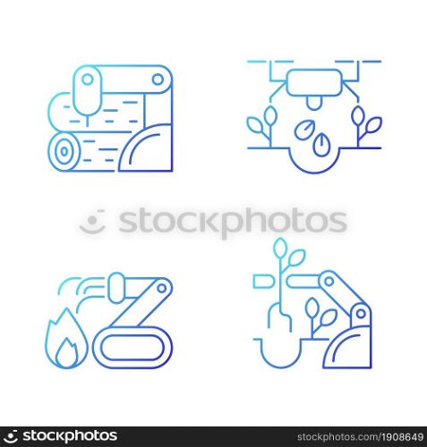 Automation for wellbeing gradient linear vector icons set. Wood processing. Drones for planting. Firefighter robot. Thin line contour symbols bundle. Isolated outline illustrations collection. Automation for wellbeing gradient linear vector icons set
