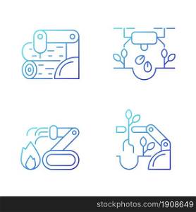 Automation for wellbeing gradient linear vector icons set. Wood processing. Drones for planting. Firefighter robot. Thin line contour symbols bundle. Isolated outline illustrations collection. Automation for wellbeing gradient linear vector icons set