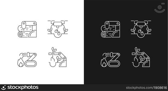 Automation for wellbeing linear icons set for dark and light mode. Wood processing. Drones for planting. Customizable thin line symbols. Isolated vector outline illustrations. Editable stroke. Automation for wellbeing linear icons set for dark and light mode