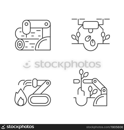 Automation for wellbeing linear icons set. Wood processing. Drones for planting. Firefighter robot. Customizable thin line contour symbols. Isolated vector outline illustrations. Editable stroke. Automation for wellbeing linear icons set